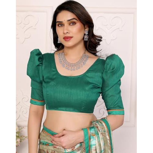 Yashika Women's Printed Georgette Satin Saree with Lace Border and Blouse Material (AZ-YS-P1-SUJATA DARK GREEN)