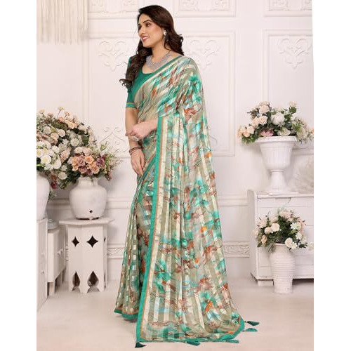 Yashika Women's Printed Georgette Satin Saree with Lace Border and Blouse Material (AZ-YS-P1-SUJATA DARK GREEN)