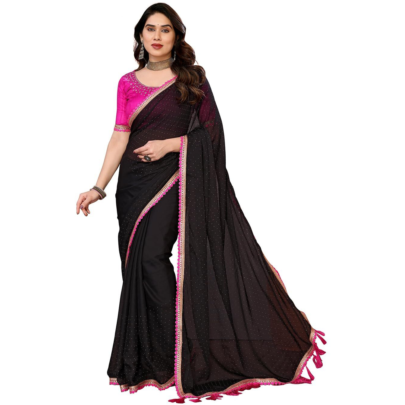 Yashika Women's Solid Color Georgette Zari Work Saree With Lace and Unstitched Blouse Material (AZ-YS-P1-NEEPA BLACK)