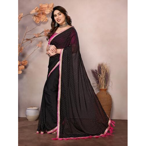 Yashika Women's Solid Color Georgette Zari Work Saree With Lace and Unstitched Blouse Material (AZ-YS-P1-NEEPA BLACK)