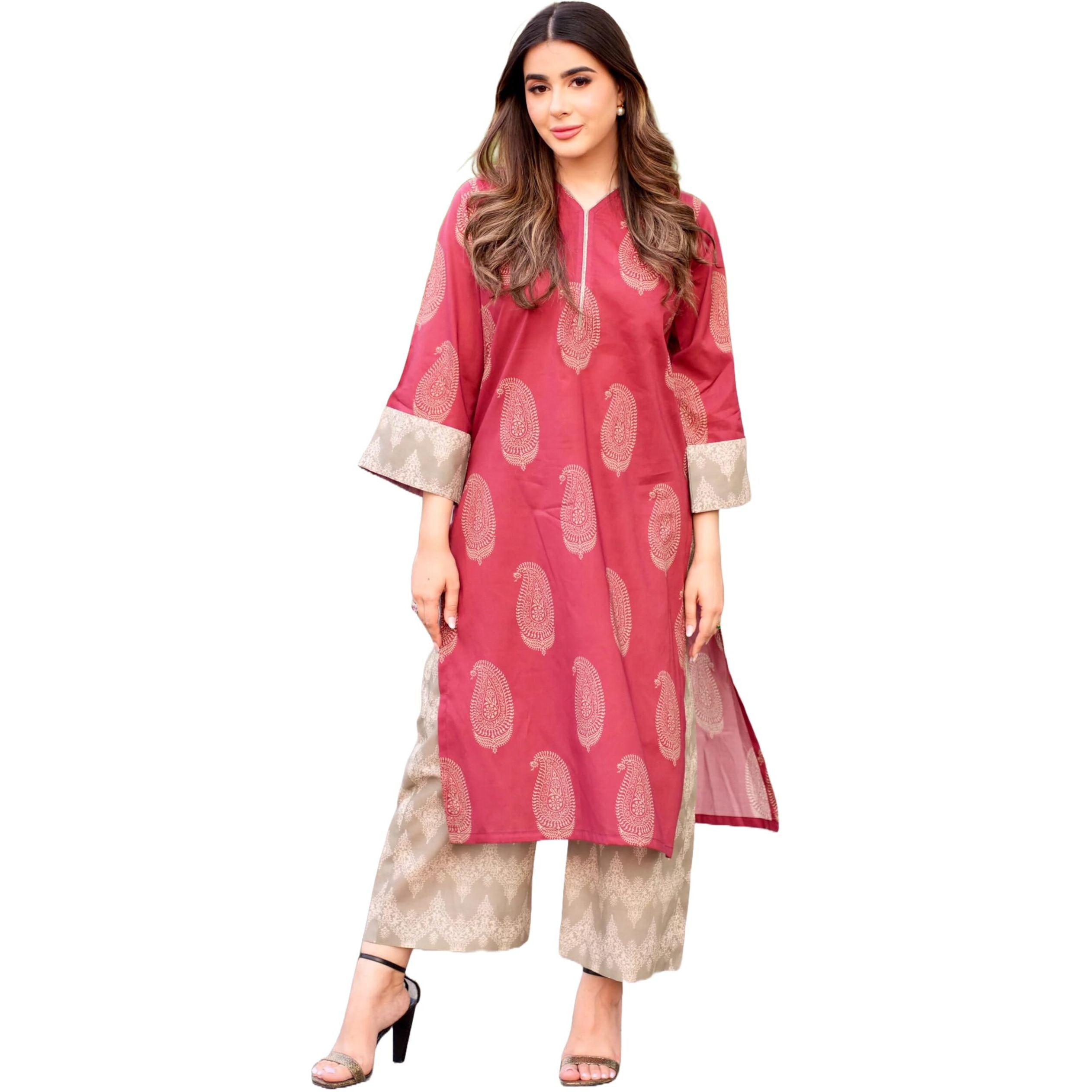 ANNI DESIGNER Women's Rayon Viscose Straight Printed Kurta with Palazzo (Jivani Pink_S_Pink_Small)