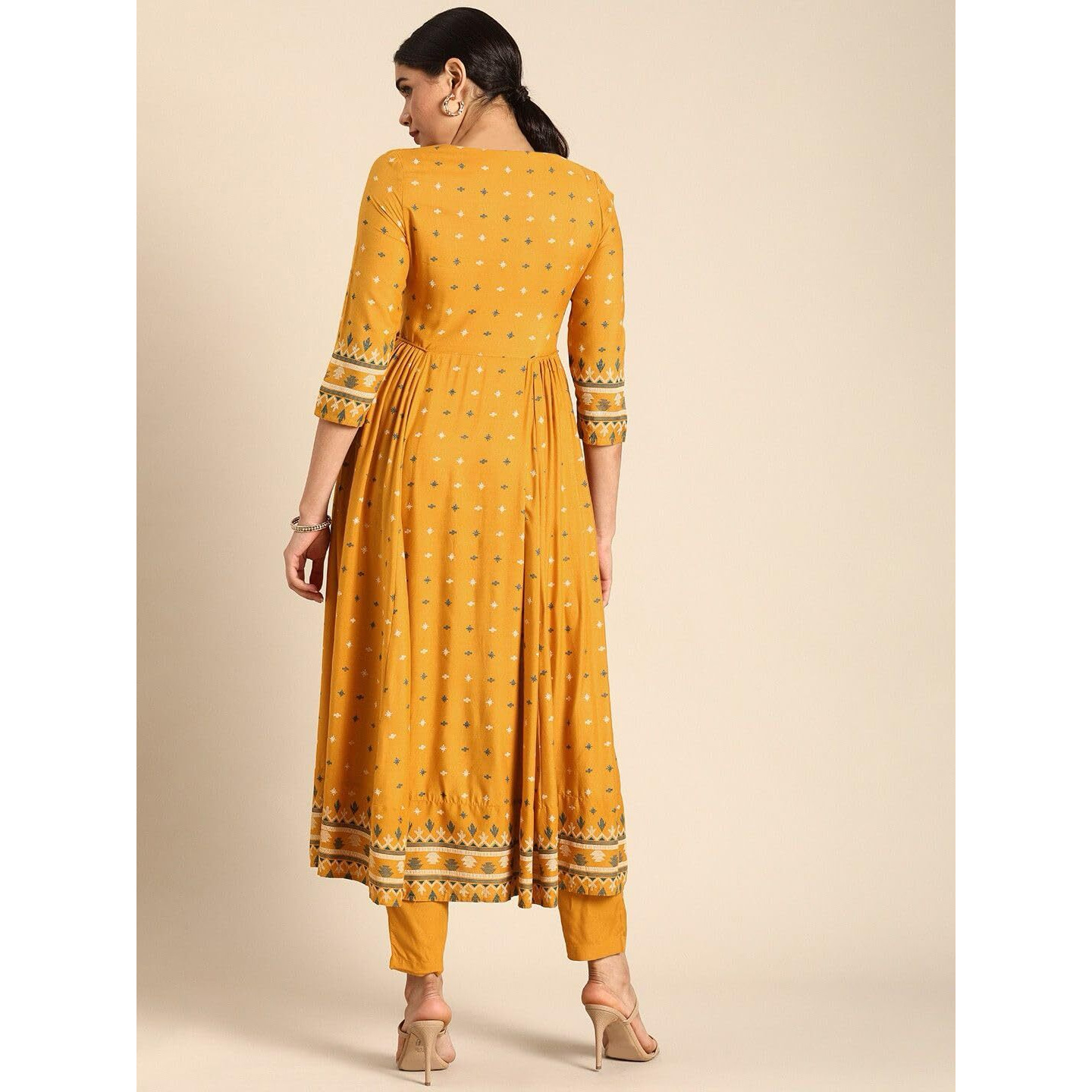 ANNI DESIGNER Women's Rayon Viscose Anarkali Printed Kurta with Pant (Dawara Yellow_XL_Yellow_X-Large)