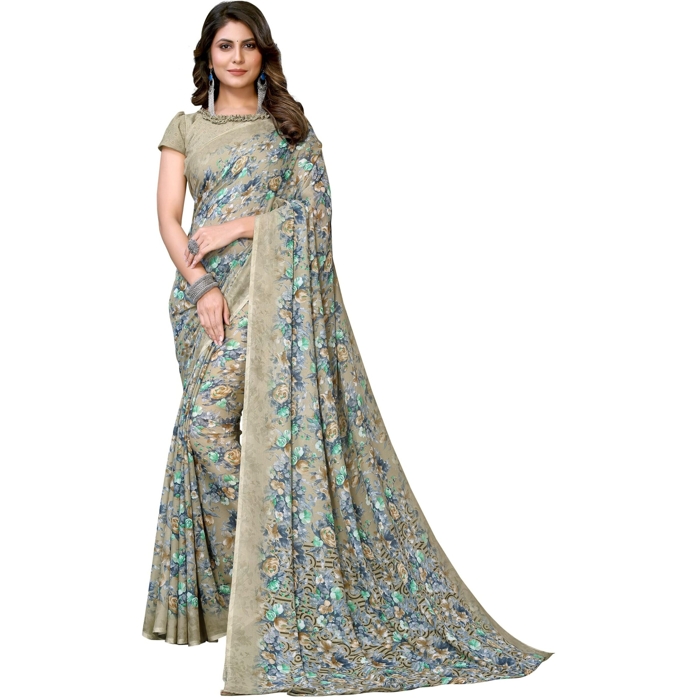 Yashika Women's Trendy Printed Georgette Pista Color Saree with Blouse Material(BARSHA PISTA)