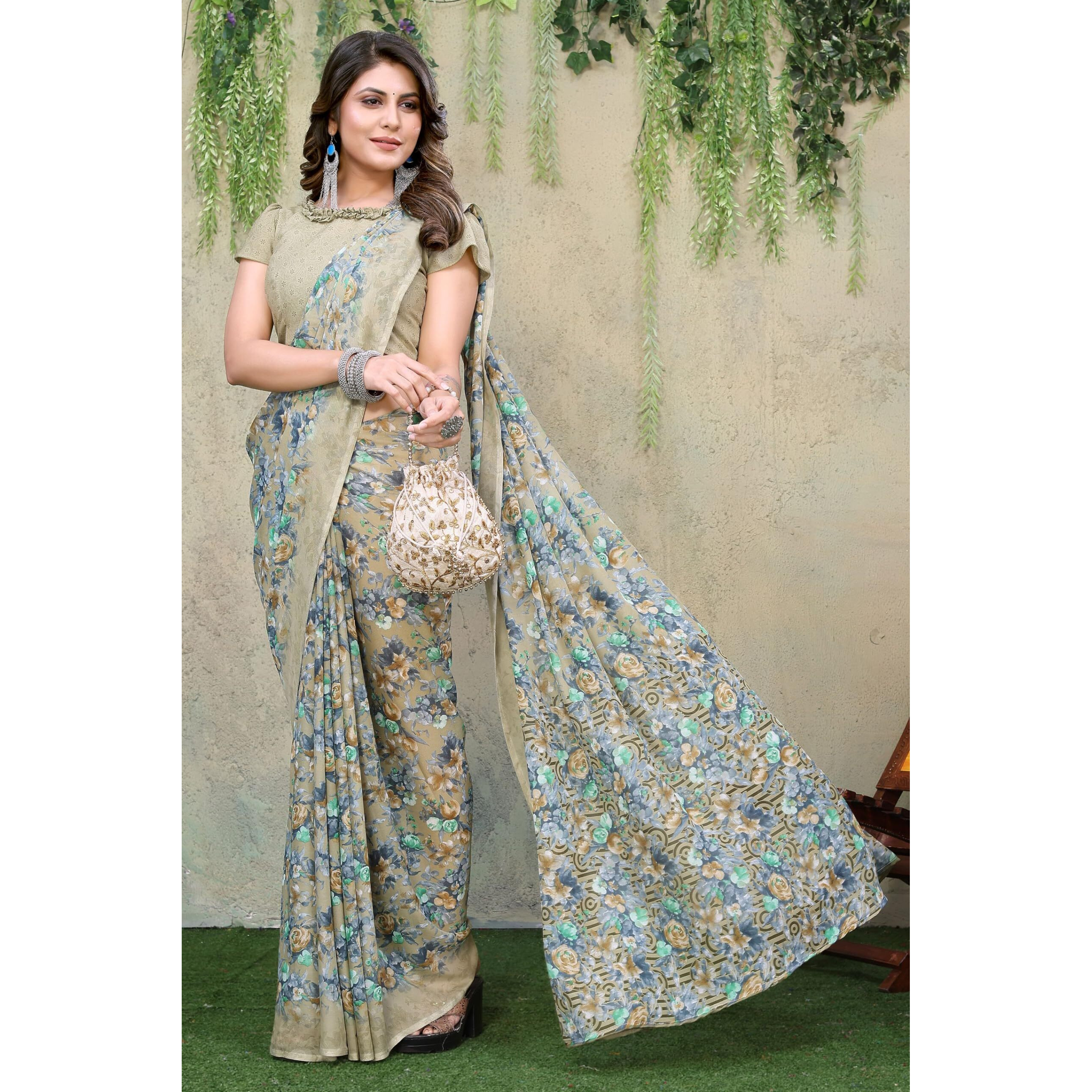 Yashika Women's Trendy Printed Georgette Pista Color Saree with Blouse Material(BARSHA PISTA)