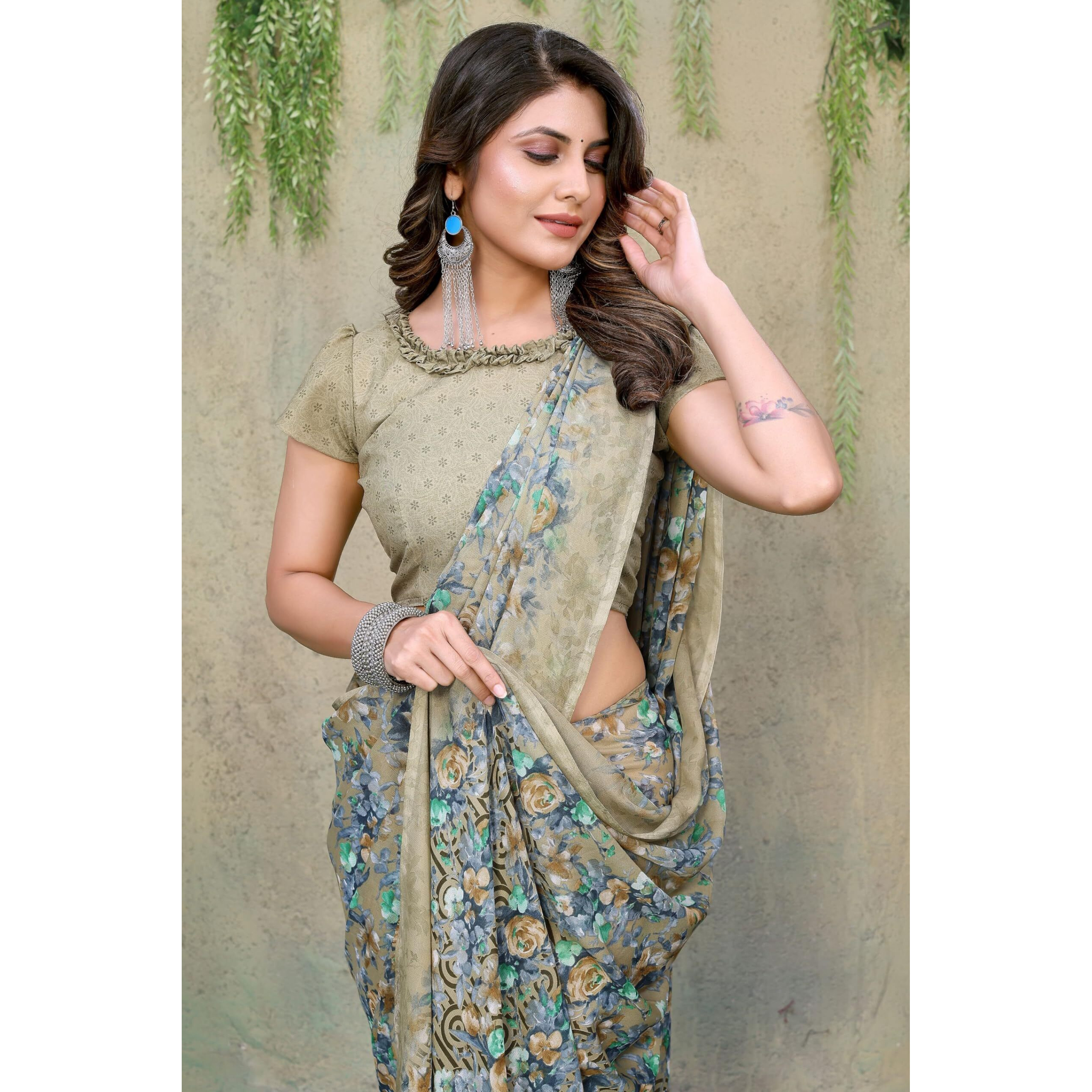Yashika Women's Trendy Printed Georgette Pista Color Saree with Blouse Material(BARSHA PISTA)