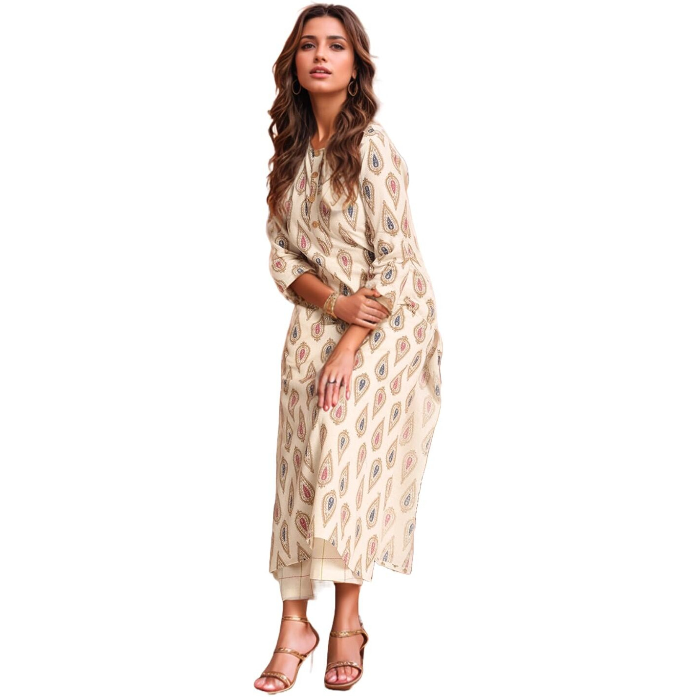ANNI DESIGNER Women's Rayon Viscose Straight Printed Kurta with Palazzo (Tangro Cream_S_Cream_Small)