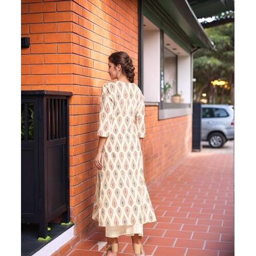 ANNI DESIGNER Women's Rayon Viscose Straight Printed Kurta with Palazzo (Tangro Cream_S_Cream_Small)