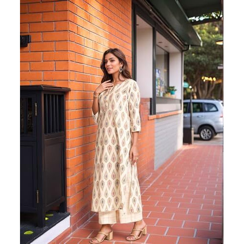 ANNI DESIGNER Women's Rayon Viscose Straight Printed Kurta with Palazzo (Tangro Cream_S_Cream_Small)