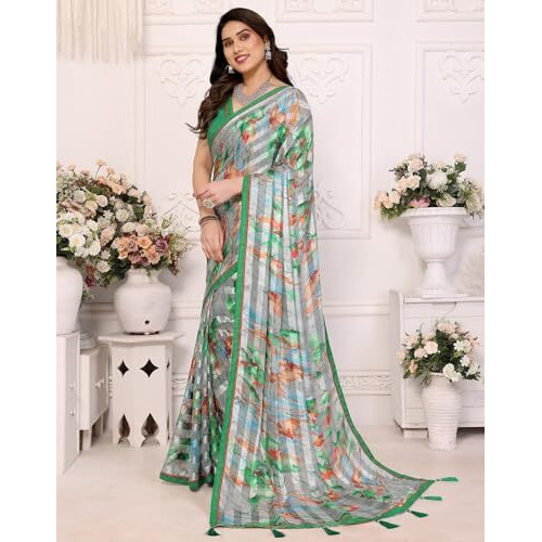 Yashika Women's Printed Georgette Satin Saree with Lace Border and Blouse Material (AZ-YS-P1-SUJATA GREEN)