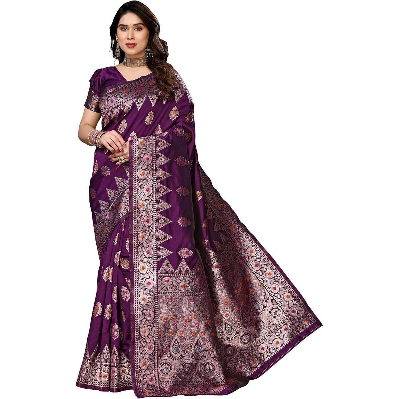 Yashika Women's Banarasi Kanjivaram Cotton Silk Saree With Unstitched Blouse Material (AZ-YS-P1-DEVITA PURPLE)