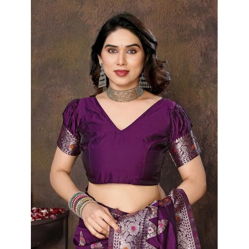 Yashika Women's Banarasi Kanjivaram Cotton Silk Saree With Unstitched Blouse Material (AZ-YS-P1-DEVITA PURPLE)