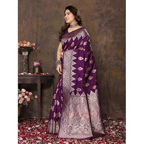 Yashika Women's Banarasi Kanjivaram Cotton Silk Saree With Unstitched Blouse Material (AZ-YS-P1-DEVITA PURPLE)