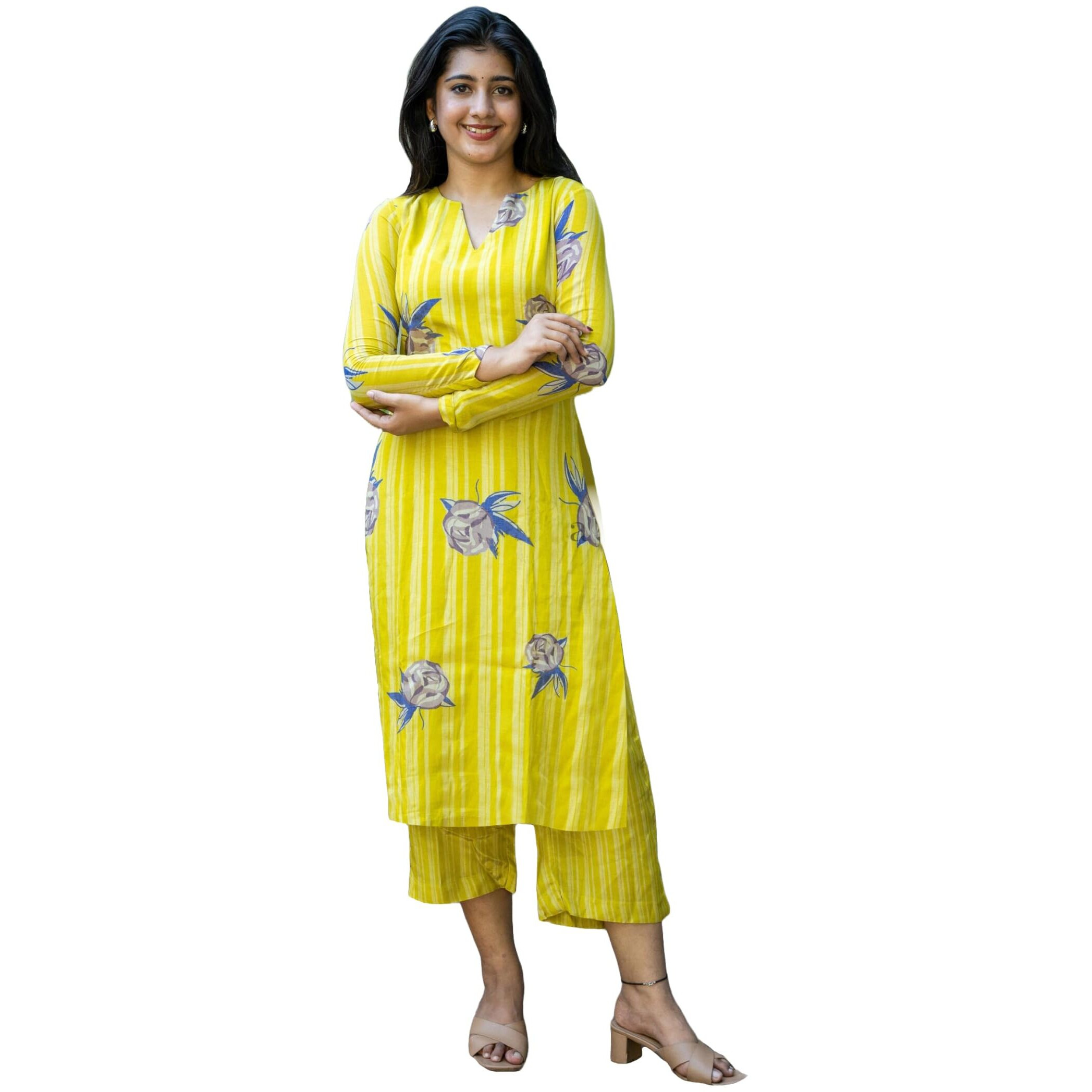 ANNI DESIGNER Women's Rayon Viscose Floral Straight Kurta with Pant (VRIDHA Yellow Large)