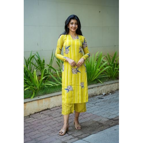 ANNI DESIGNER Women's Rayon Viscose Floral Straight Kurta with Pant (VRIDHA Yellow Large)