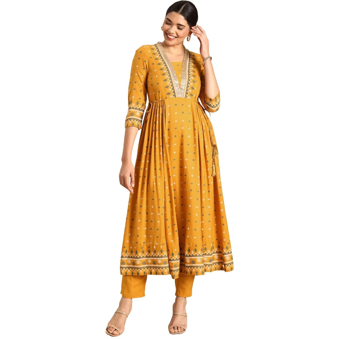 ANNI DESIGNER Women's Rayon Viscose Anarkali Printed Kurta with Pant (Dawara Yellow_XXL_Yellow_XX-Large)