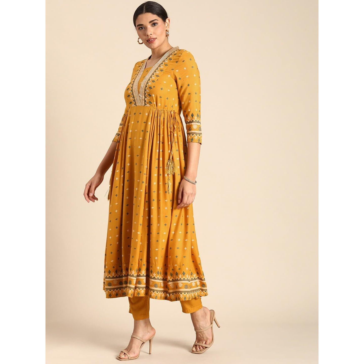 ANNI DESIGNER Women's Rayon Viscose Anarkali Printed Kurta with Pant (Dawara Yellow_XXL_Yellow_XX-Large)