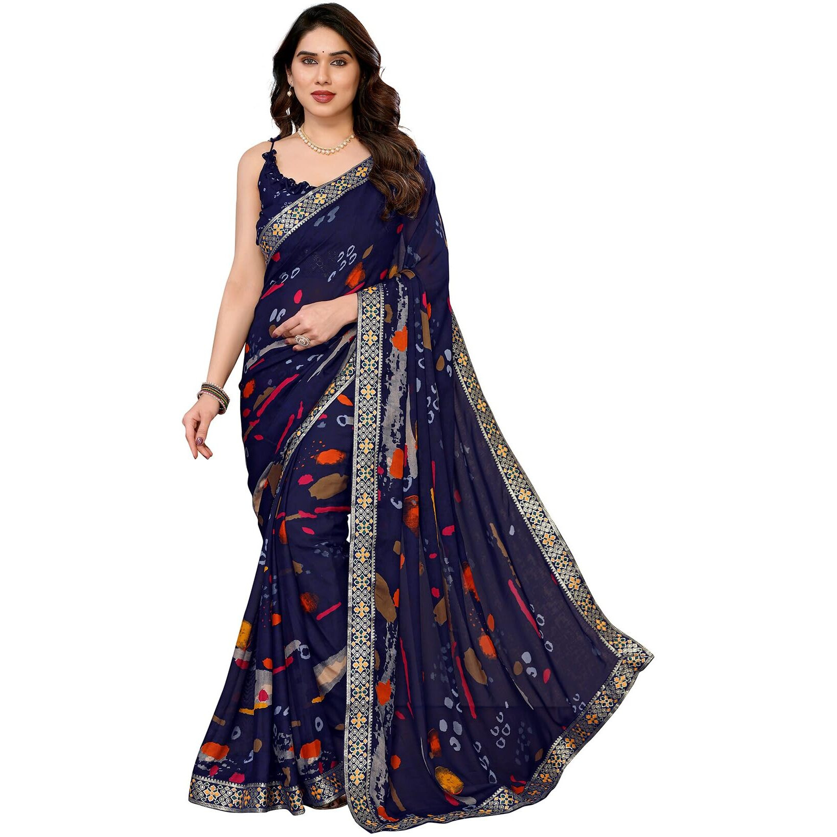Yashika Women's Printed Georgette Saree With Lace Border and Unstitched Blouse Material (AZ-YS-P1-BARUNI NAVY)