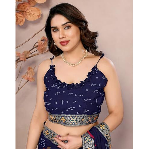 Yashika Women's Printed Georgette Saree With Lace Border and Unstitched Blouse Material (AZ-YS-P1-BARUNI NAVY)