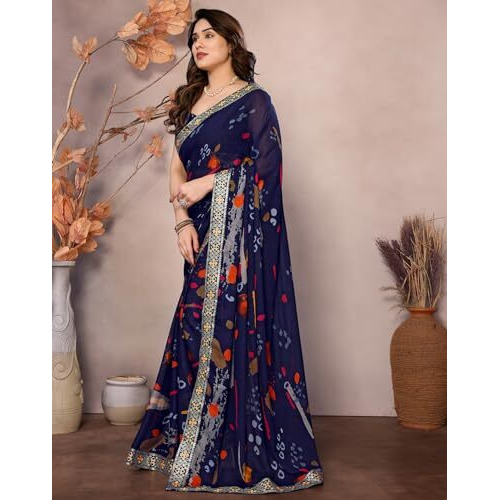 Yashika Women's Printed Georgette Saree With Lace Border and Unstitched Blouse Material (AZ-YS-P1-BARUNI NAVY)