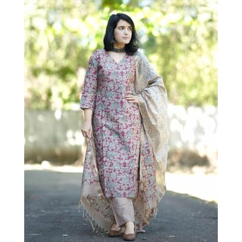ANNI DESIGNER Women's Cotton Blend Printed Straight Kurta with Pant & Dupatta (Moringa Pink_3XL_Pink_XXX-Large)