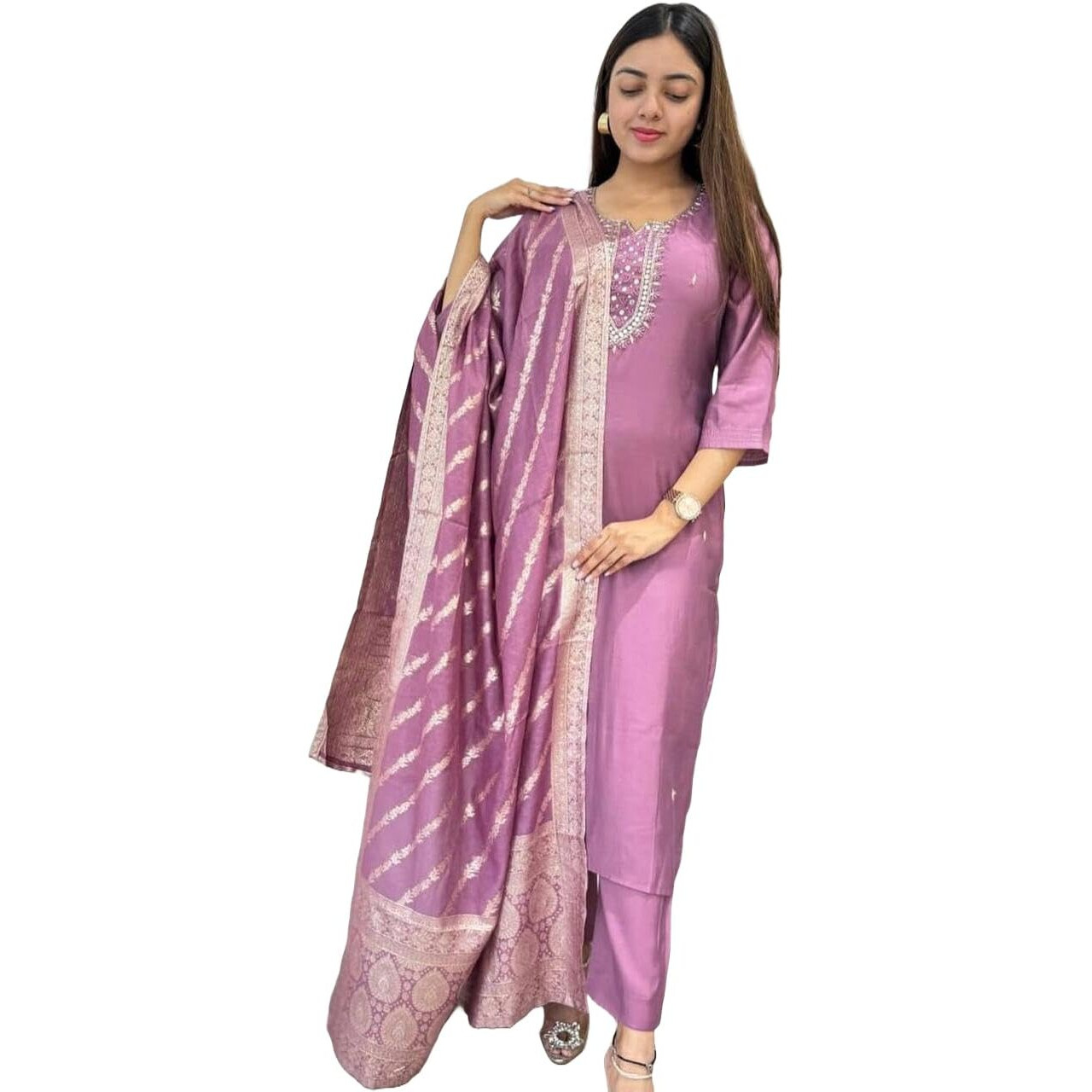 ANNI DESIGNER Women's Rayon Blend Embroidered Straight Kurta with Pant & Dupatta (Nagari Purple_XXL_Purple_XX-Large)