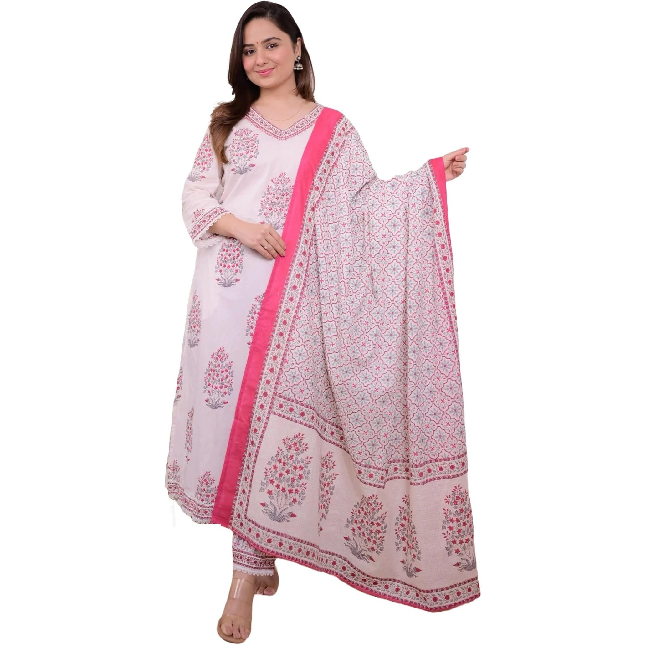 KLOSIA Women Printed Straight Kurta and Pant Set with Dupatta (in, Alpha, 2XL, White)