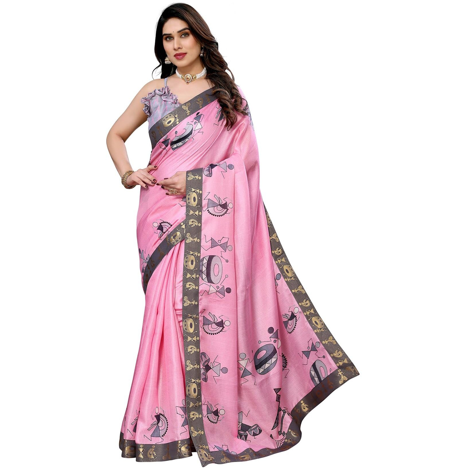 Yashika Women's Printed Kalamkari Art Silk Saree With Lace and Unstitched Blouse Material (AZ-YS-P1-DAMRU BABY PINK LACE)