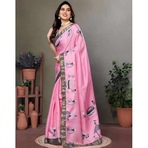 Yashika Women's Printed Kalamkari Art Silk Saree With Lace and Unstitched Blouse Material (AZ-YS-P1-DAMRU BABY PINK LACE)