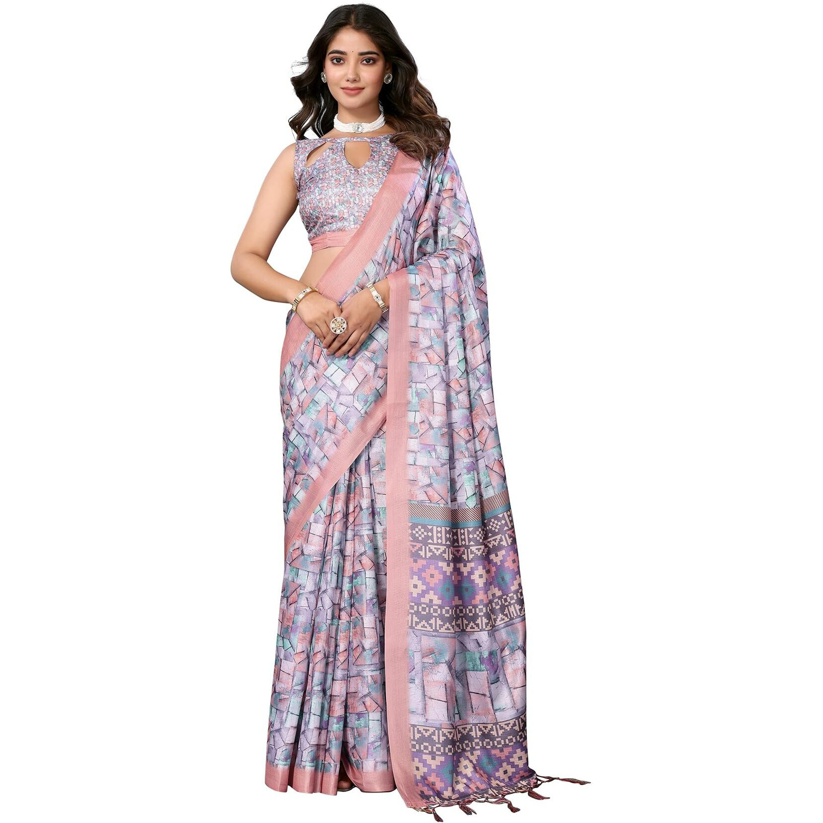 Yashika Women's Digital Print Art Silk Cotton Saree with Tassels and Golden Border - Lightweight and Elegant Ethnic Wear for Festive and Casual Occasions (AZ-YS-P1-PUSHPA 09)