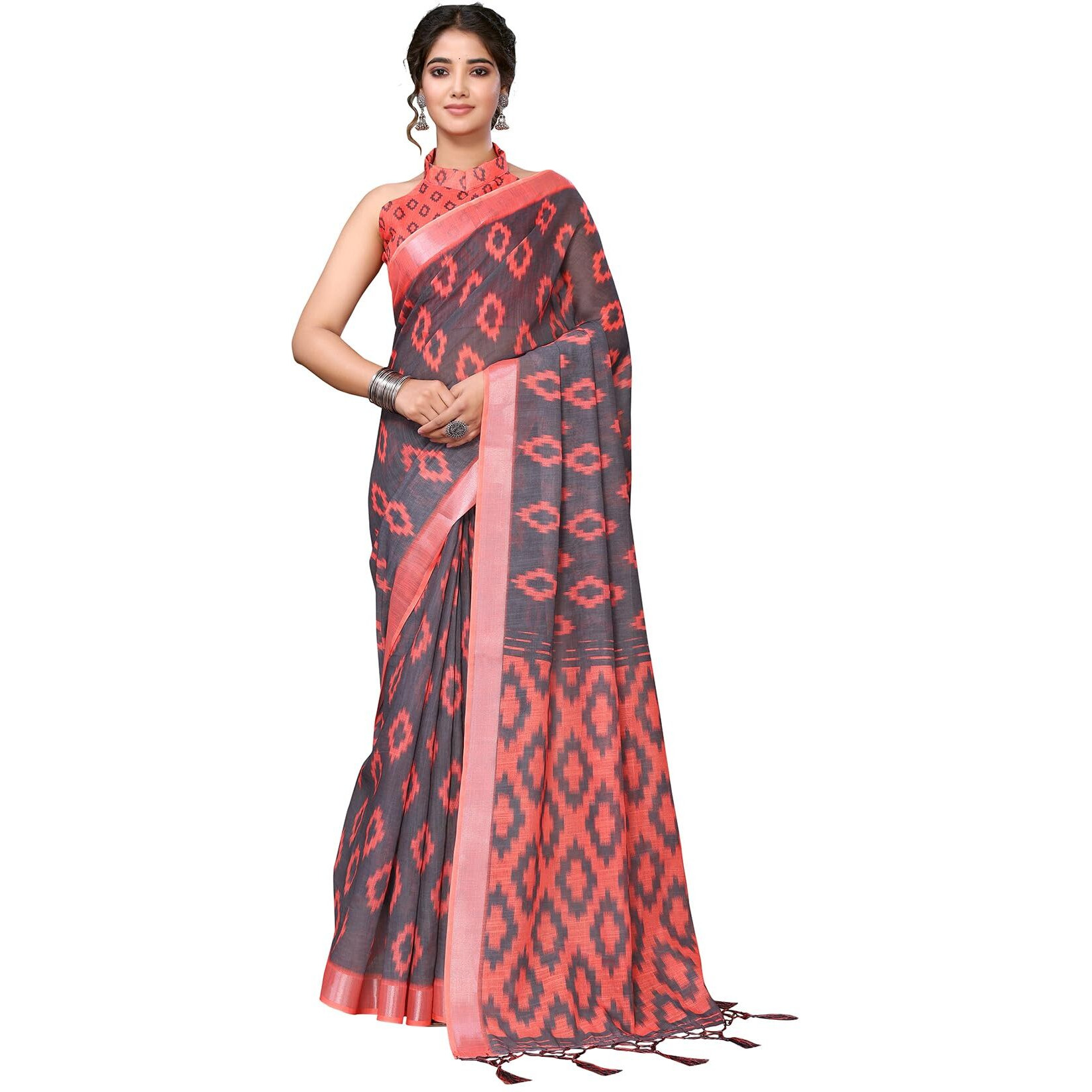 Yashika Women's Plain Digital Print Cotton Silk Blend Saree with Silver Weaving Border Tassels-Elegant Ethnic Wear for Festive and Casual Occasions (AZ-YS-P1-TIGER 07 to 20-Parent_Tiger 12-Grey)