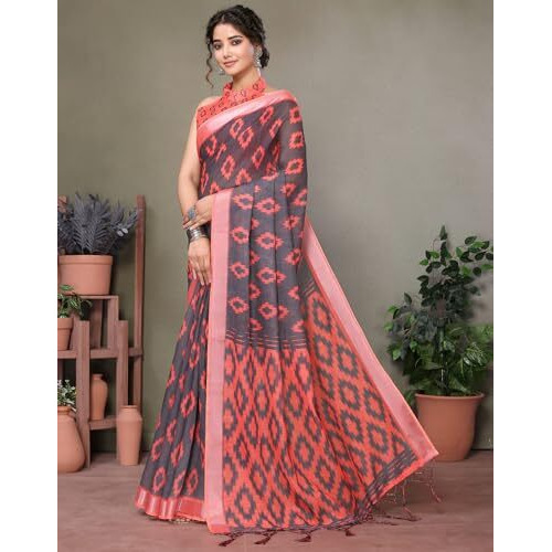 Yashika Women's Plain Digital Print Cotton Silk Blend Saree with Silver Weaving Border Tassels-Elegant Ethnic Wear for Festive and Casual Occasions (AZ-YS-P1-TIGER 07 to 20-Parent_Tiger 12-Grey)