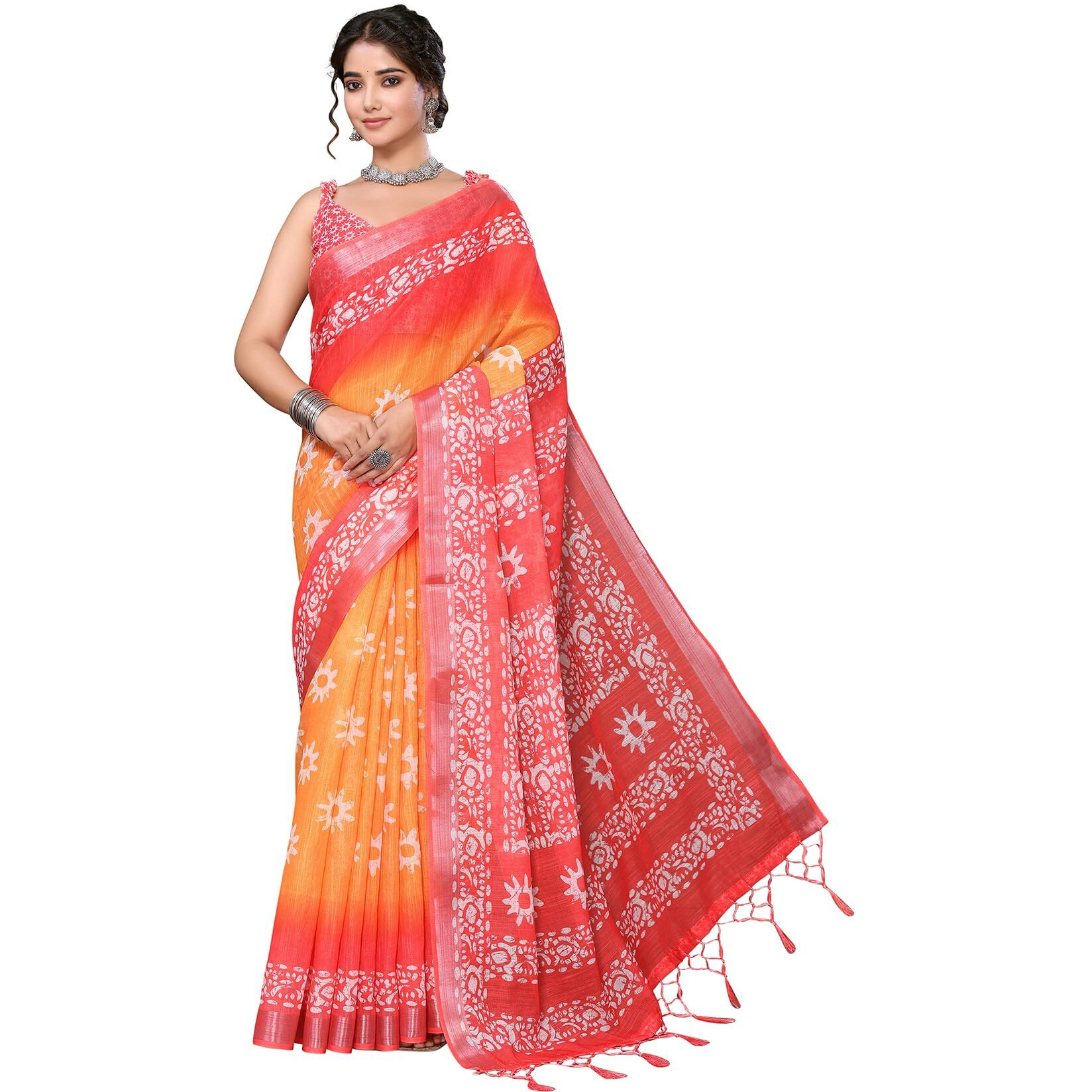 Yashika Women's Plain Digital Print Cotton Silk Blend Saree with Silver Weaving Border Tassels-Elegant Ethnic Wear for Festive and Casual Occasions (AZ-YS-P1-TIGER 07 to 20-Parent_Tiger 10-Orange)