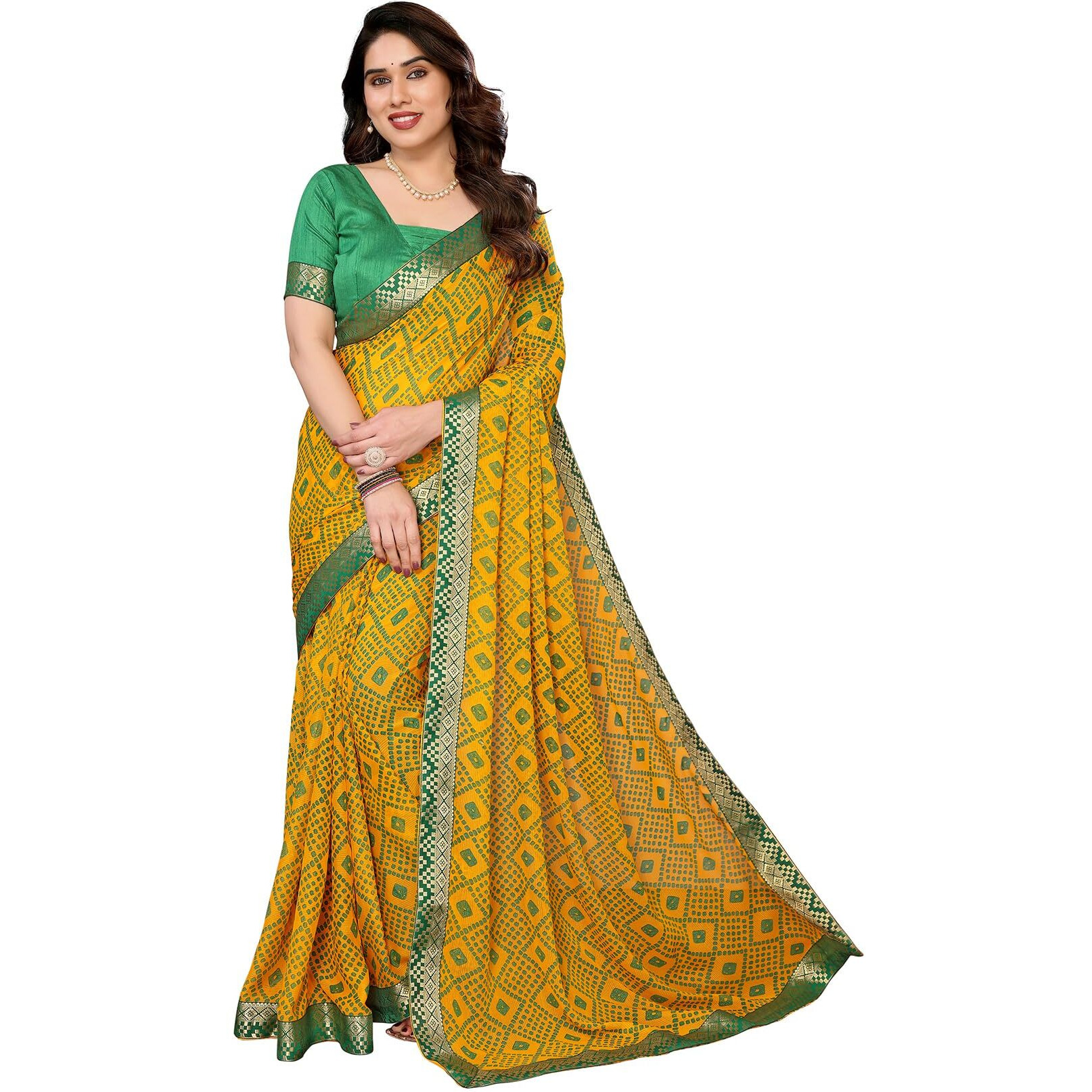 Yashika Women's Printed Georgette Saree With Lace Border and Unstitched Blouse Material (AZ-YS-P1-GOMTI YELLOW)