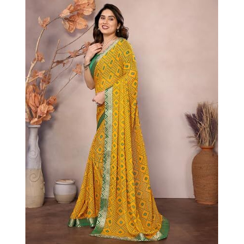 Yashika Women's Printed Georgette Saree With Lace Border and Unstitched Blouse Material (AZ-YS-P1-GOMTI YELLOW)