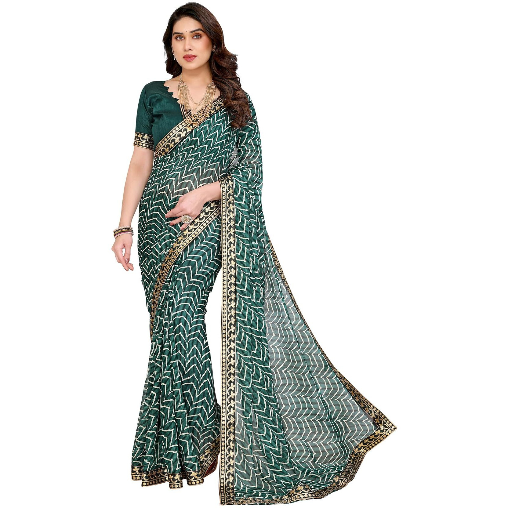 Yashika Women's Printed Georgette Printed Saree With Lace Border and Blouse Material (AZ-YS-P1-SRAVANI GREEN)