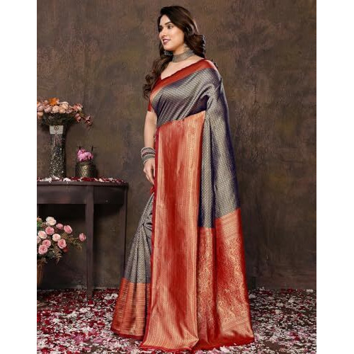 Yashika Women's Banarasi Kanjivaram Art Silk Saree with Blouse Material (AZ-YS-P1-YUKTI NAVY)