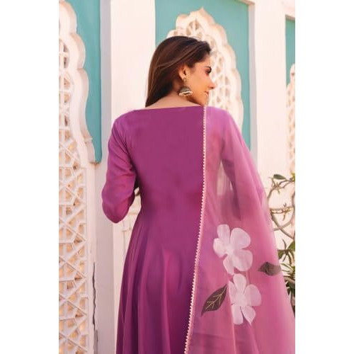 ANNI DESIGNER Women's Rayon Viscose Solid Anarkali Kurta with Pant & Dupatta (Bhanu Pink_XXL_Pink_XX-Large)