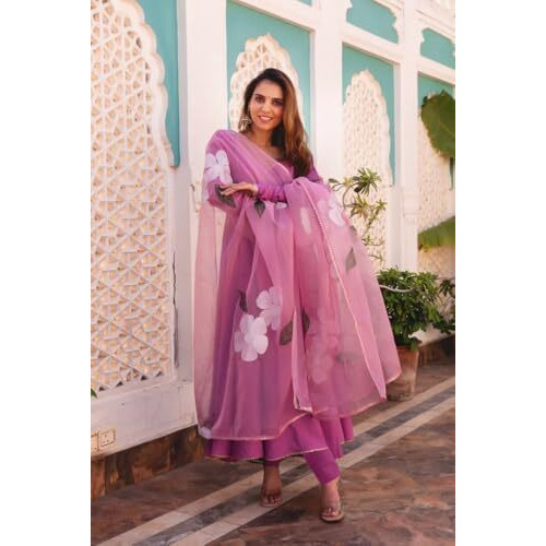 ANNI DESIGNER Women's Rayon Viscose Solid Anarkali Kurta with Pant & Dupatta (Bhanu Pink_XXL_Pink_XX-Large)