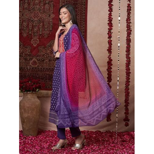 ANNI DESIGNER Women's Rayon Viscose Printed Straight Kurta with Pant & Dupatta (Subhi Begani-VKS04_M_Begani_Medium)