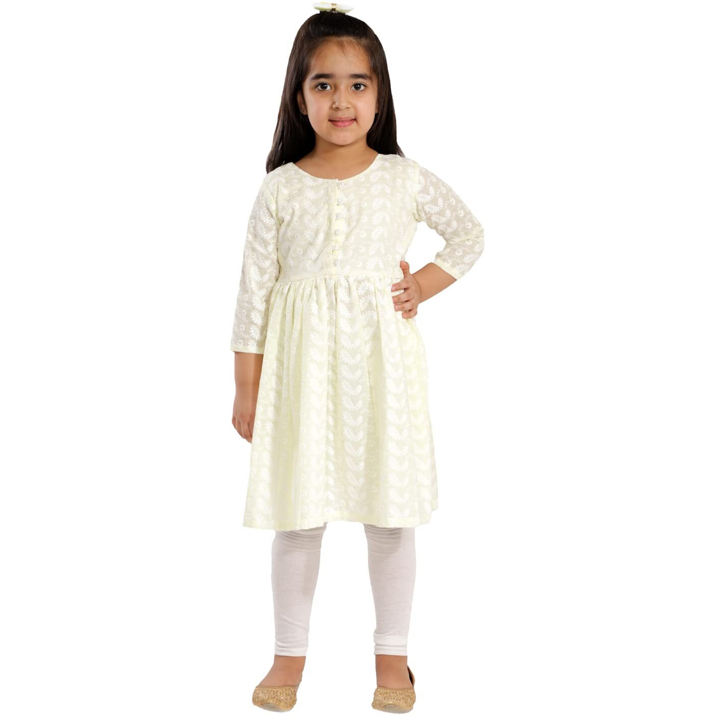 VASTRAMAY Girls' Chikankari Cotton Kurta And Leggings Set_VASGK094YWnGL01WH_28