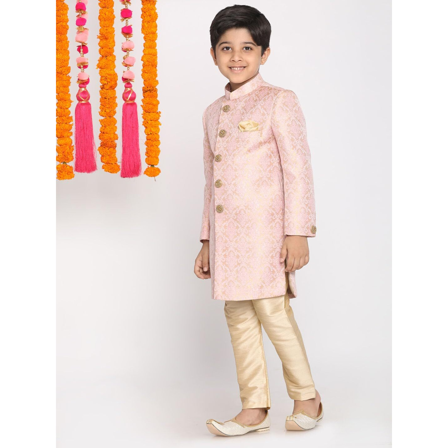 VASTRAMAY Boys' Pink Jacquard Silk Blend Sherwani and Cream Dupatta Set, Festive Ethnic Wear for Weddings and Celebrations