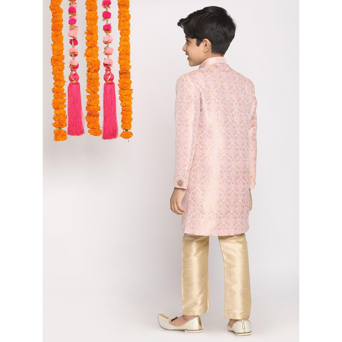 VASTRAMAY Boys' Pink Jacquard Silk Blend Sherwani and Cream Dupatta Set, Festive Ethnic Wear for Weddings and Celebrations