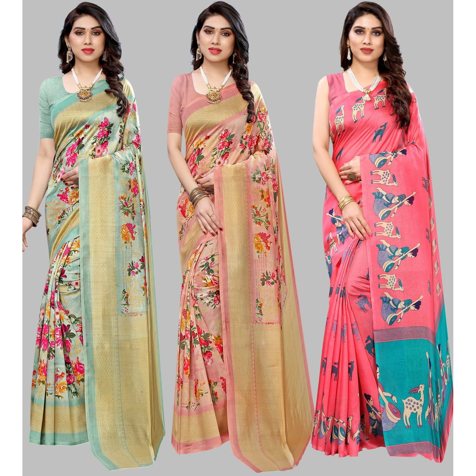 Yashika Women's Combo Art Silk Saree with Blouse Piece-Pack of 3 Light Green-AIR Peach-MAITHALI Pink Multicolor-02