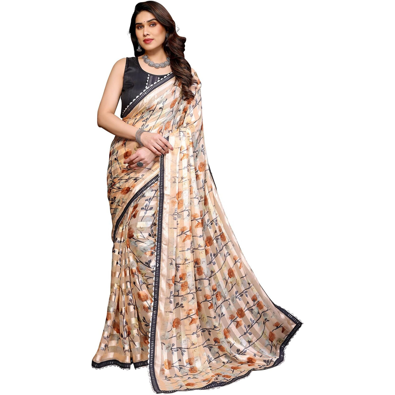 Yashika Women's Printed Georgette Satin Saree with Lace Border and Blouse Material (AZ-YS-P1-SHABNAM ORANGE)