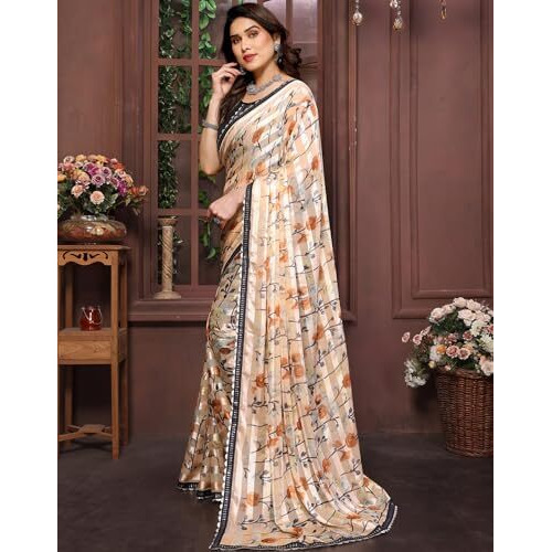 Yashika Women's Printed Georgette Satin Saree with Lace Border and Blouse Material (AZ-YS-P1-SHABNAM ORANGE)