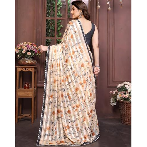 Yashika Women's Printed Georgette Satin Saree with Lace Border and Blouse Material (AZ-YS-P1-SHABNAM ORANGE)