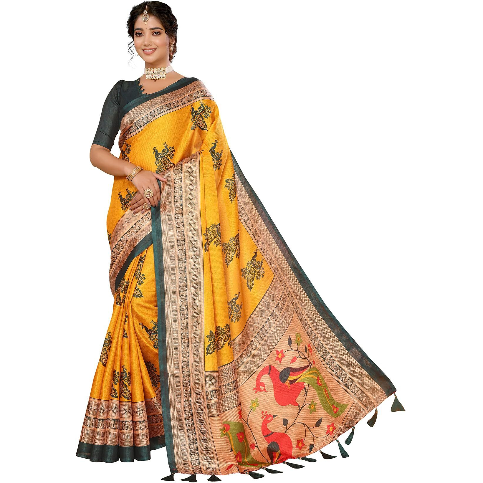 Yashika Women's Art Silk Printed with Tassels Unstitched Blouse Material Stylish Party Casual Wear Traditional Trendy Saree (AZ-YS-P1-KRIPA-Parent_Yellow)