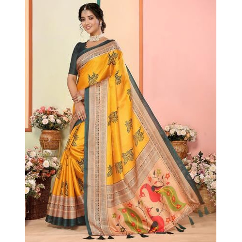 Yashika Women's Art Silk Printed with Tassels Unstitched Blouse Material Stylish Party Casual Wear Traditional Trendy Saree (AZ-YS-P1-KRIPA-Parent_Yellow)