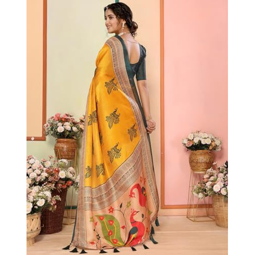 Yashika Women's Art Silk Printed with Tassels Unstitched Blouse Material Stylish Party Casual Wear Traditional Trendy Saree (AZ-YS-P1-KRIPA-Parent_Yellow)