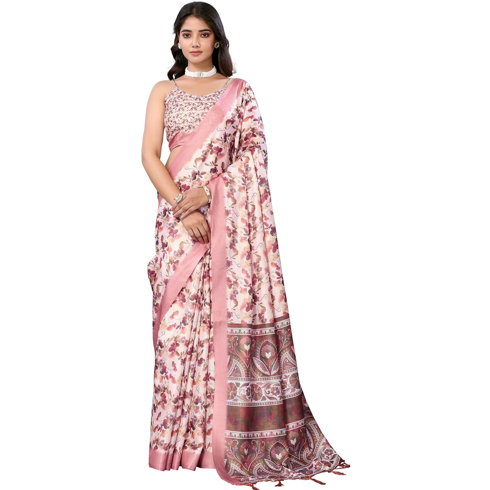 Yashika Women's Digital Print Art Silk Cotton Saree with Tassels and Golden Border - Lightweight and Elegant Ethnic Wear for Festive and Casual Occasions (AZ-YS-P1-PUSHPA 03)